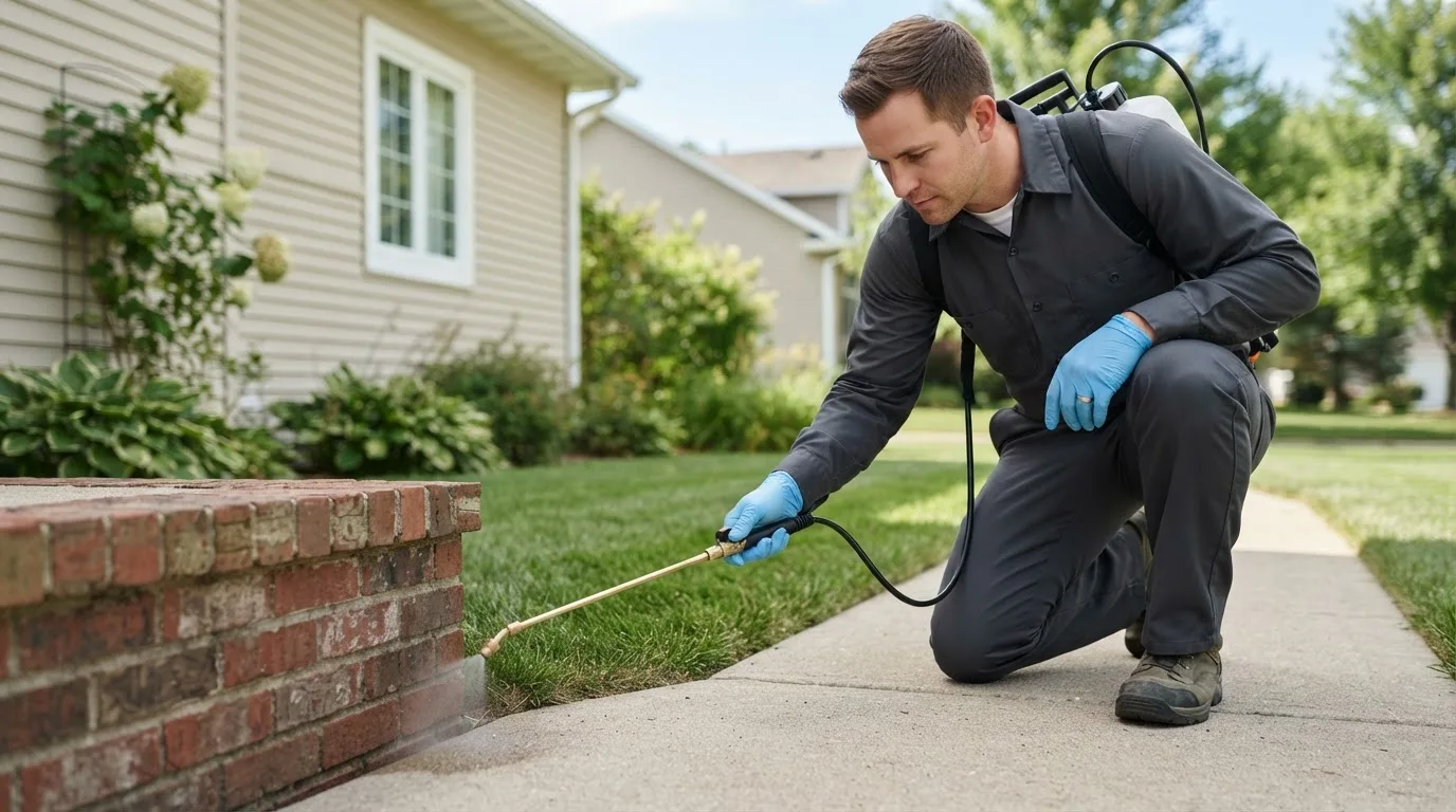 Pest control technician treating a home near Mosier, OR